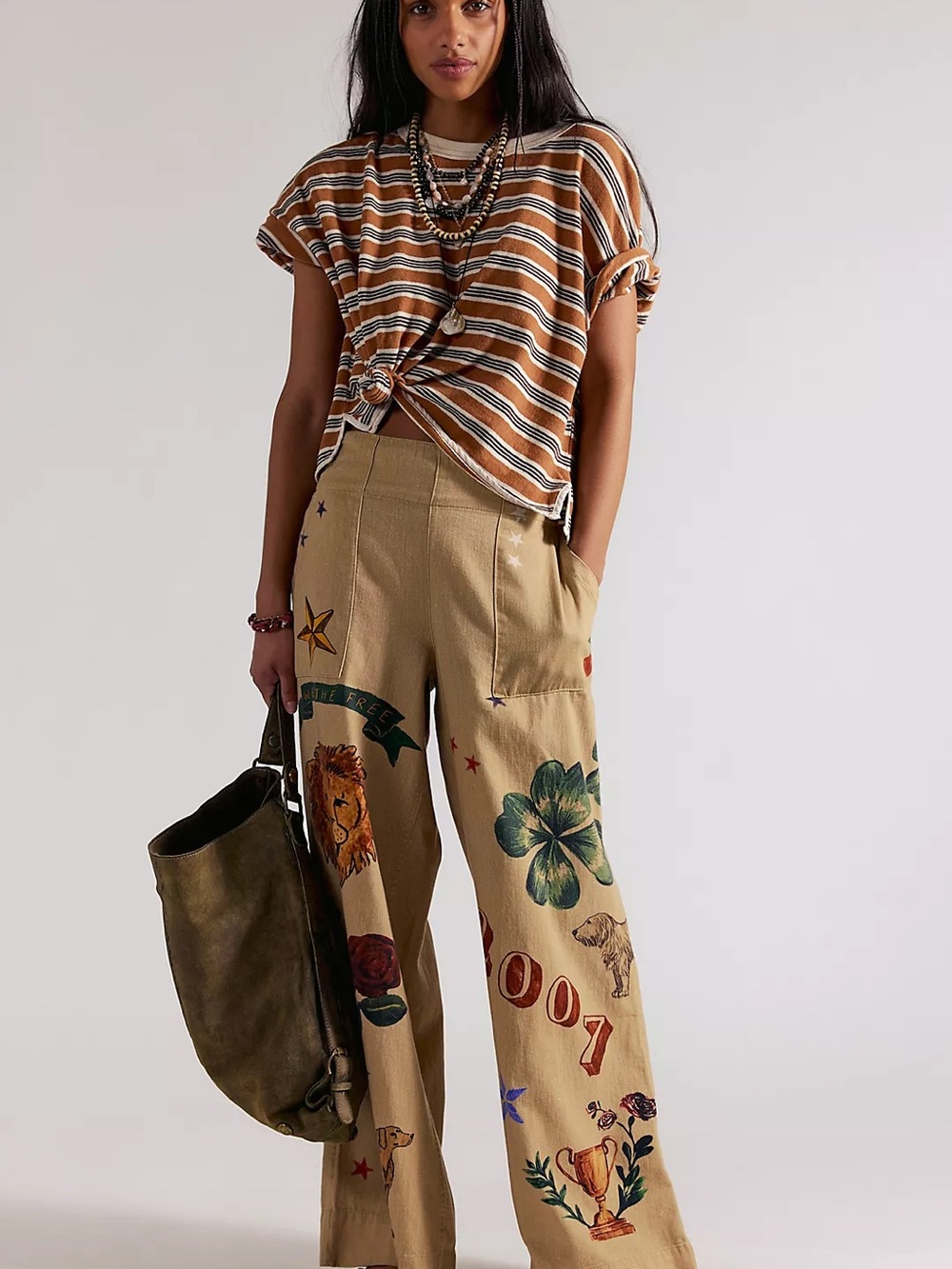 Free People Khaki Wide-Leg Embroidered Graphic Pants